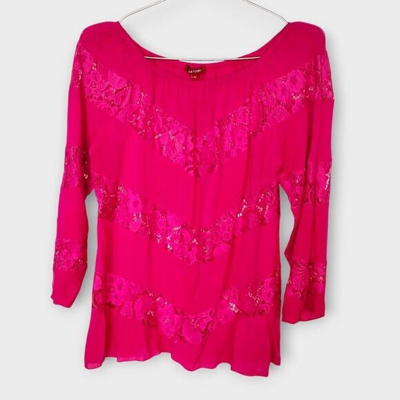 Santdori Womens Top Sz Medium Hot Pink Rayon Lace Peasant Blouse Cottagecore Boh - Picture 1 of 10